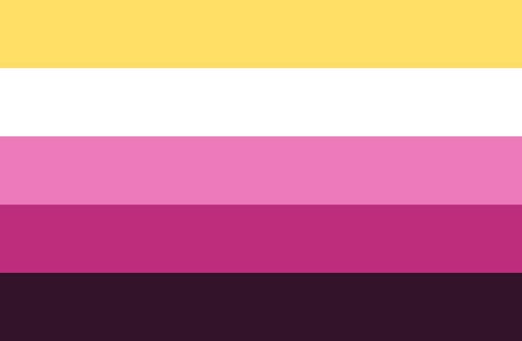 a rectangular flag with five equal width horizontal stripes:yellow, white, light pink, pink, dark pink