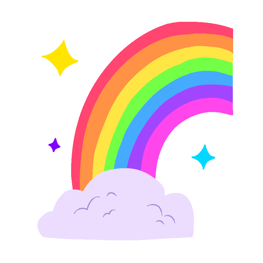 an rainbow goes to a cloud with colorful stars