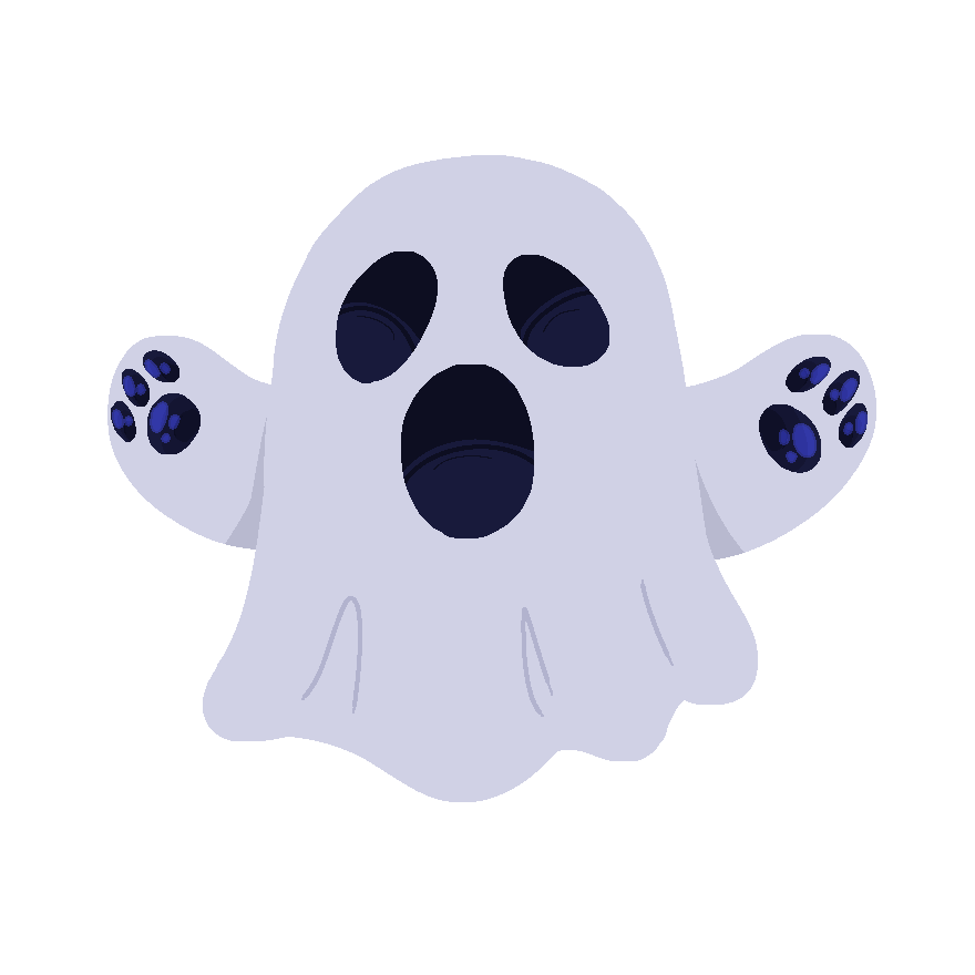 an pale light gray ghost with very dark blue eyes and paws
